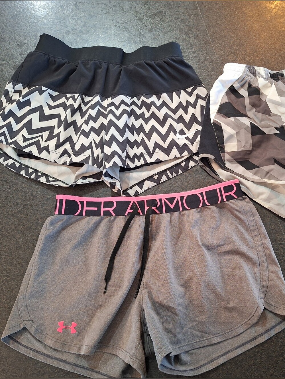 Girls Nike And Under Armour Gray Athletic Shorts with Pink Logo, Youth Xl